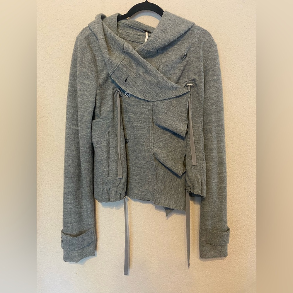 Free People Hooded Jacket Sz L Gray 100% Wool Long Sleeve Cinch Front Draped
